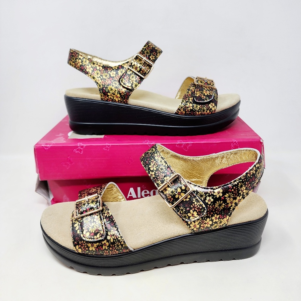 Alegria Morgyn Pretty Things Leather Floral Strap Wedge Sandals